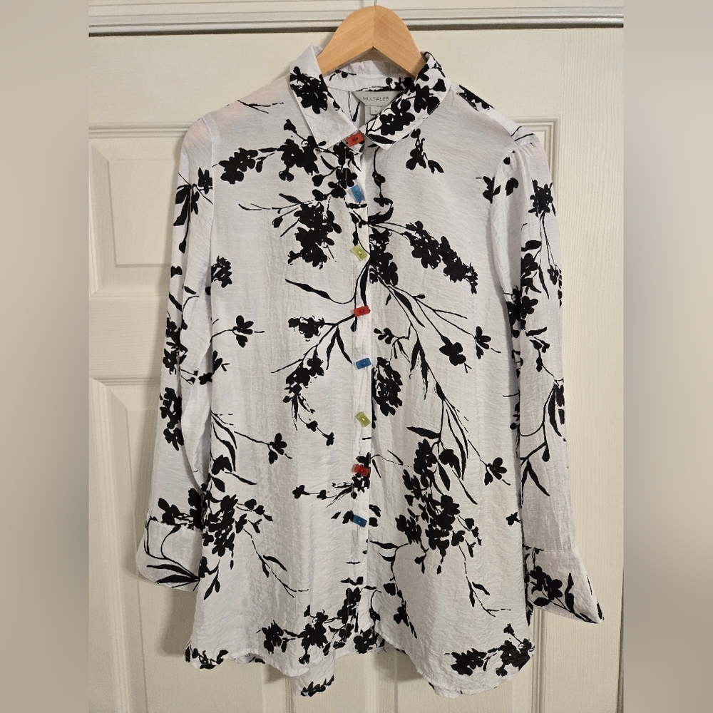 Multiples Button Front Blouse Black And White Dec… - image 1